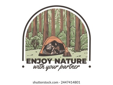 Camping in nature with partner. Vintage outdoor illustration design