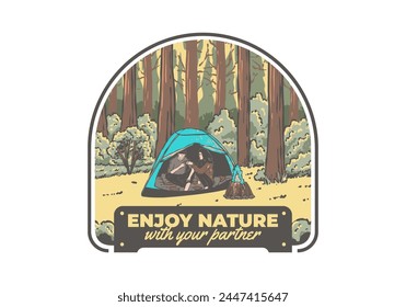 Camping in nature with partner. Vintage outdoor illustration design