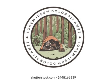 Camping in nature with partner. Vintage outdoor illustration design