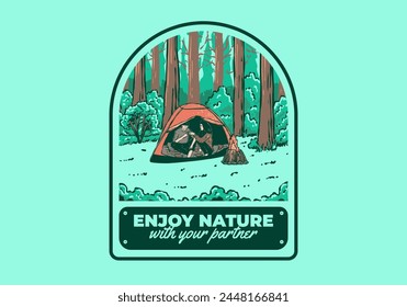 Camping in nature with partner. Vintage outdoor illustration design