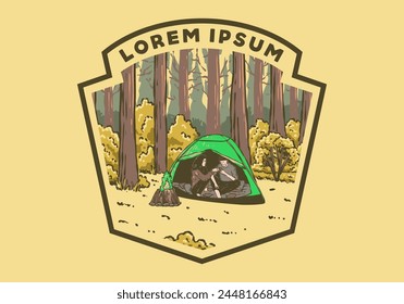 Camping in nature with partner. Vintage outdoor illustration design