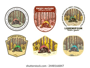 Camping in nature with partner. Vintage outdoor illustration design