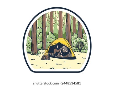 Camping in nature with partner. Vintage outdoor illustration design
