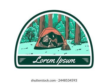 Camping in nature with partner. Vintage outdoor illustration design