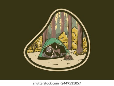 Camping in nature with partner. Vintage outdoor illustration design