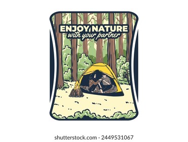 Camping in nature with partner. Vintage outdoor illustration design