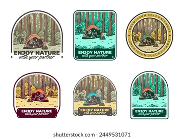 Camping in nature with partner. Vintage outdoor illustration design