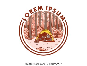 Camping in nature with partner. Vintage outdoor illustration design