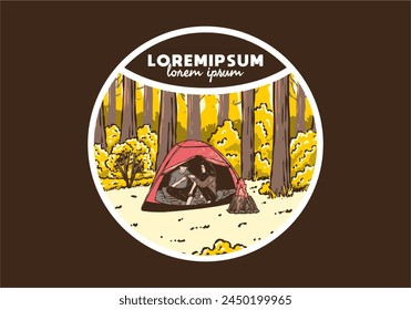 Camping in nature with partner. Vintage outdoor illustration design