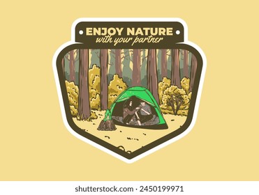 Camping in nature with partner. Vintage outdoor illustration design