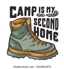 Camping nature print with boots. Wild adventure outdoor sport in the forest