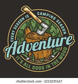 Camping nature print. Wild adventure outdoor sport with tent in the forest