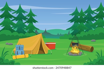 Camping in nature. Rest in the forest with a tent. Cooking food on a fire. Accessories for traveling in nature.