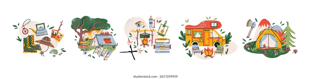 Camping and nature retreat compositions in retro cartoon style. Tents, campfire, backpacks, sleeping bags, hiking boots, nature elements — fun outdoor adventure scenes in trendy retro sticker style