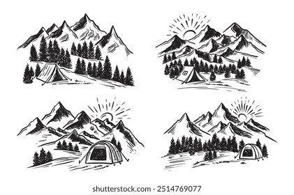 Camping in nature set, Mountain landscape, sketch style, vector illustrations.
