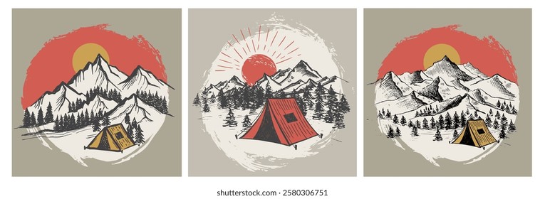Camping in nature set, Sketch, Mountain landscape, vector illustrations.