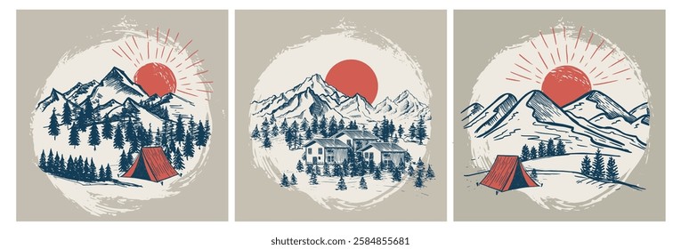 Camping in nature set, Sketch, Mountain landscape, vector illustrations.