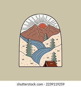 Camping nature with sunrise view in mono line vector design for badge, sticker, patch, t shirt vector design
