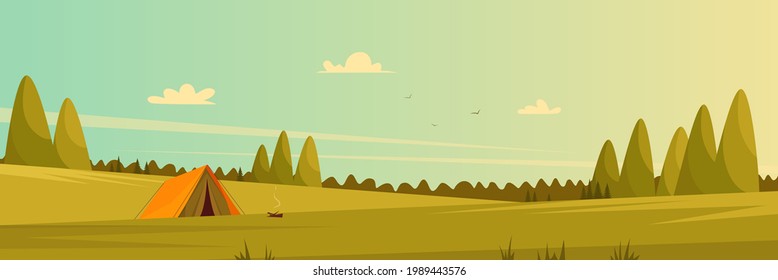 Camping in nature. Tourist vacation concept. Sunny day, landscape, nature and hills. Tent and bonfire in an open field. Flat style.