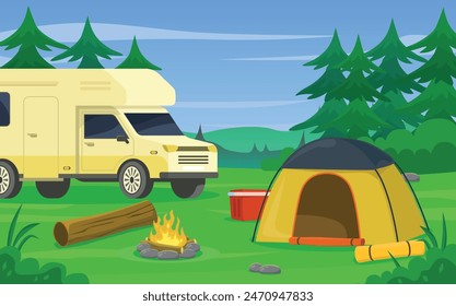 Camping in nature with a trailer. Rest in the forest with a tent. Accessories for traveling in nature.
