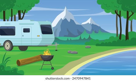 Camping in nature with a trailer. Rest in the forest with a tent. Accessories for traveling in nature.