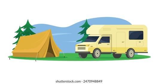 Camping in nature with a trailer. Rest in the forest with a tent. Accessories for traveling in nature.