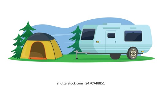 Camping in nature with a trailer. Rest in the forest with a tent. Accessories for traveling in nature.