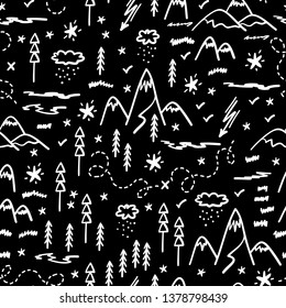 Camping Nature Vector Background for Kids. Cartoon Mountain and Forest Area Map Seamless Pattern. Hand Drawn Doodle Mountains, Hills, Trees, Hiking Trails and Night Starry Sky