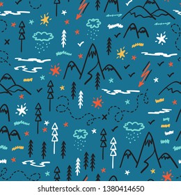 Camping Nature Vector Background for Kids. Cartoon Mountain and Forest Area Map Seamless Pattern. Hand Drawn Doodle Mountains, Hills, Trees, Hiking Trails and Night Starry Sky