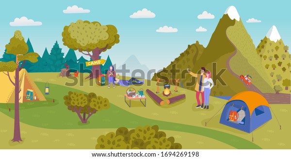 Camping in nature vector illustration. Cartoon\
people have fun in forest tourist camp with tent, campfire on\
summer day, flat friends characters on picnic. Adventure, active\
tourism in summertime