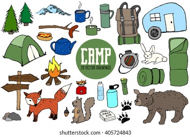 Camping and Nature Vector Illustrations Including Tent, Backpack, Camper, Bear, Fox, Sleeping Bag, Campfire, Kettle and Trees