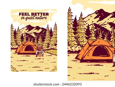 Camping in nature. Vintage outdoor illustration badge design