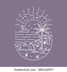 Camping in nature, wild adventure line badge patch pin graphic illustration vector art t-shirt design