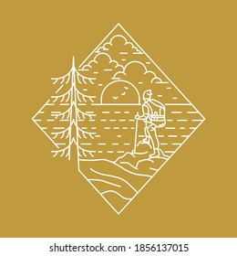 Camping in nature, wild adventure line badge patch pin graphic illustration vector art t-shirt design