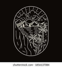 Camping in nature, wild adventure line badge patch pin graphic illustration vector art t-shirt design