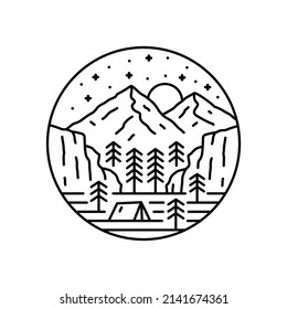 camping nature wildlife in hill mountain in mono line art
