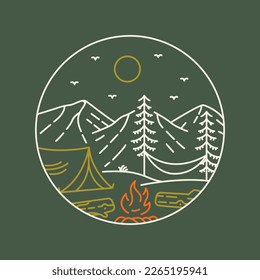 Camping cerca del fuego en la noche Diseño Ilustración para ropa