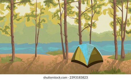 Camping near lake at cold day in autumn fall.Illustration camping near lakeside. Cartoon forest landscape with lake, tent in forest. Flat vector illustration of tourism and recreation in the wild.