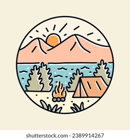 camping near lake and mountain design for badge, sticker, t shirt design and outdoor design