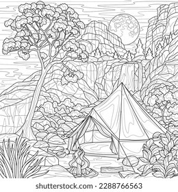 Acampando cerca de las montañas y de las cascadas. Colores libros antiestrés para niños y adultos. Ilustración aislada sobre fondo blanco. Estilo zenano-margino. Dibujo manual