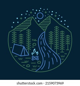 Camping near river and mountains at beauty of night graphic illustration vector art t-shirt design