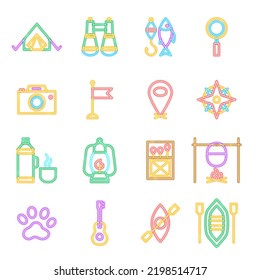 Camping Neon Icons Isolated. Vector Illustration of Glowing Bright Led Lamp over White Symbols.