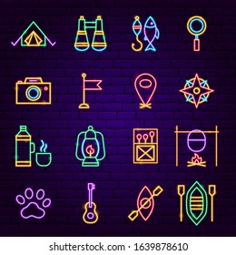 Camping Neon Icons. Vector Illustration of Outdoor Promotion.
