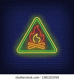 Camping neon sign. Triangle, fire, bonfire, campfire. Vector illustration in neon style for light banners and templates, trekking, hiking