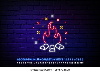 Camping neon sign. Triangle, fire, bonfire, campfire. Summer camp neon sign, bright signboard, light banner. Camping logo, emblem. Vector illustration