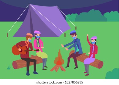 Camping in new normal vector concept: Group of teenagers enjoying campfire together while camping in new normal
