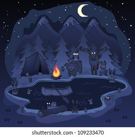 Camping At Night with Animal Friends