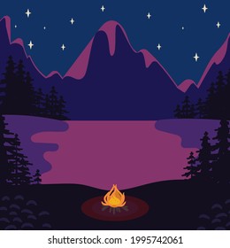 Camping at night with campfire lake mountains vector illustration.