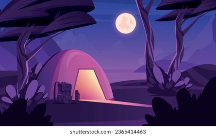 Camping night composition with outdoor scenery and wild nocturnal landscape with light coming out of tent vector illustration