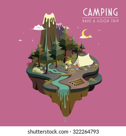 camping at night concept in 3d isometric flat design